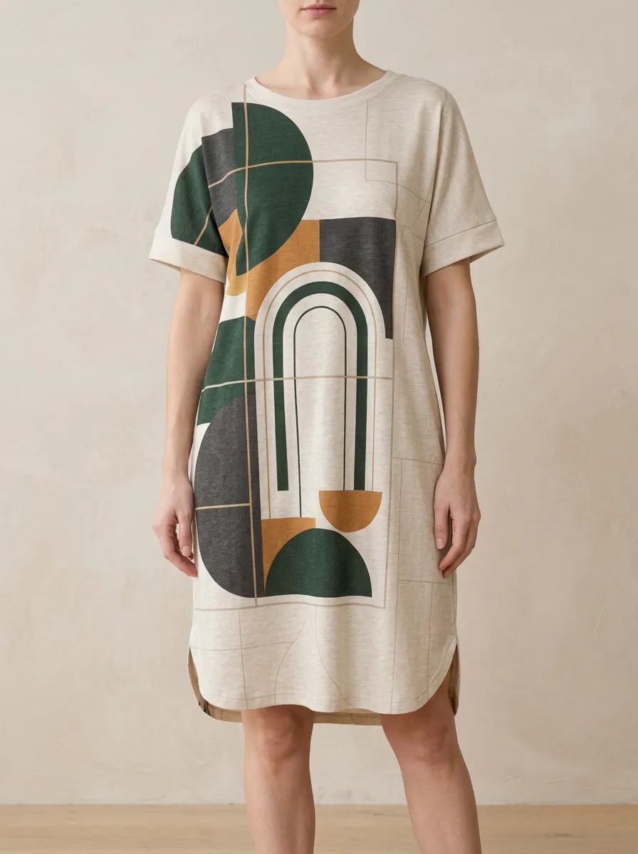 Women's Round Neck Short Sleeve Geometric Print Shift Dress