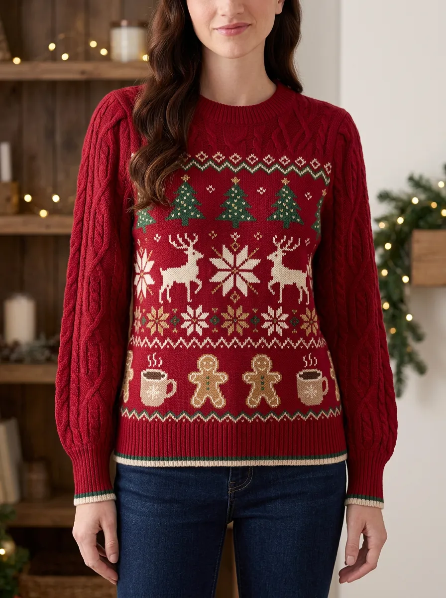 Christmas Holiday Reindeer Gingerbread Tree Pattern Knitted Sweater