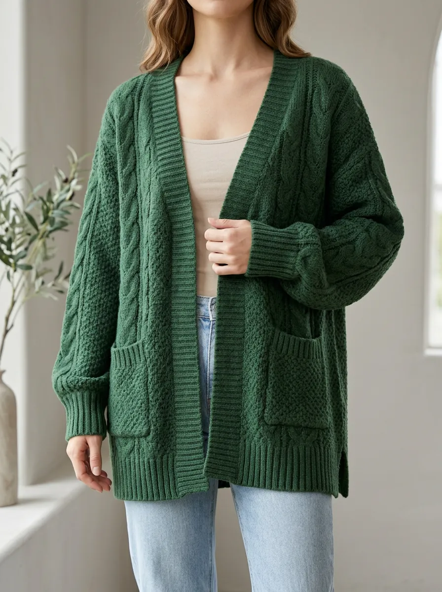 Women's Cable Knit Open Front V Neck Cardigan