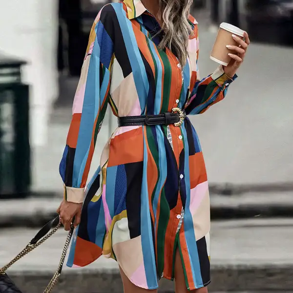 Women's Modern Shirt Long-Sleeve Belted Dress