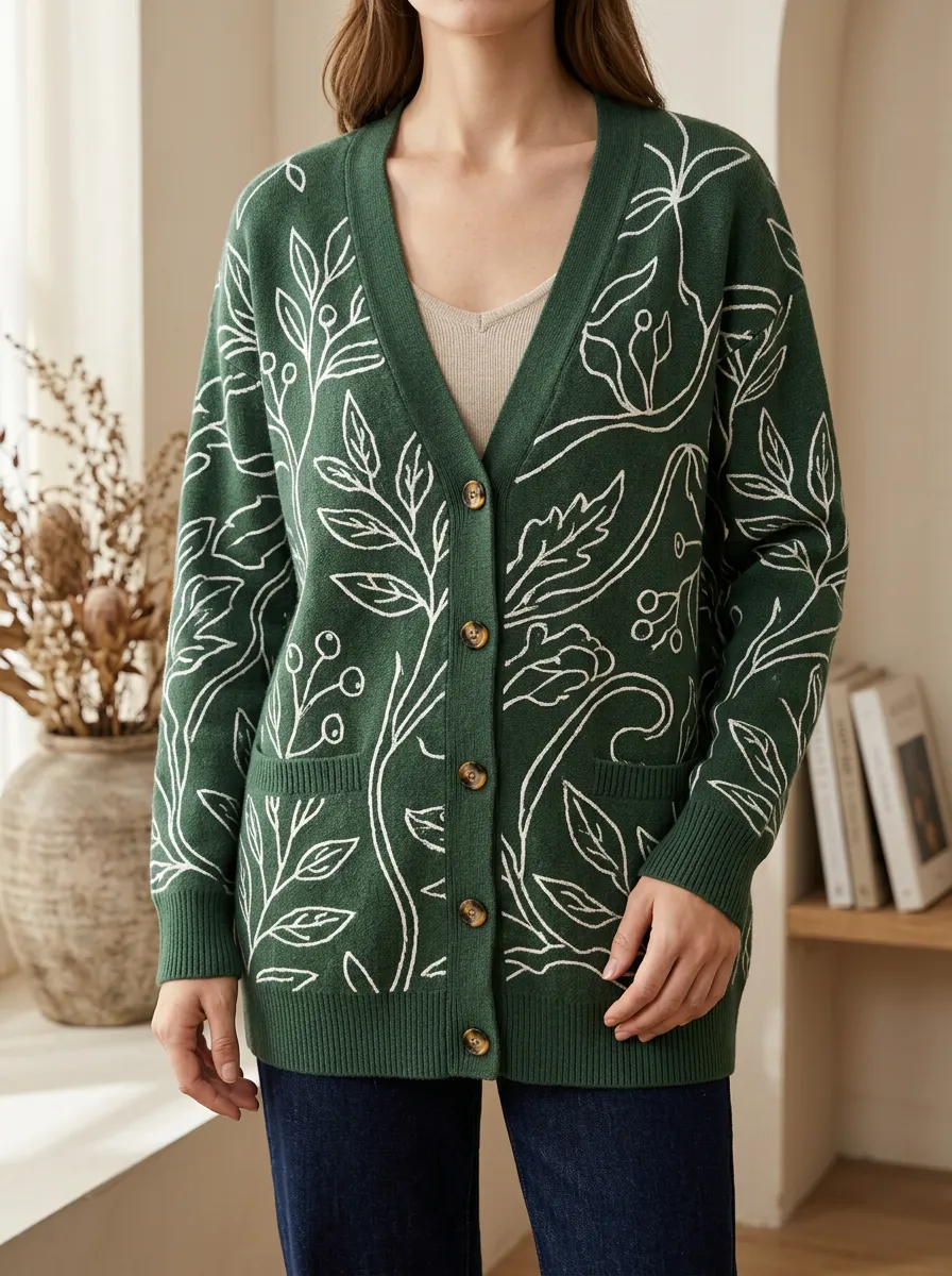 Women's Botanical Nature Lover White Leaf Printed Cardigan