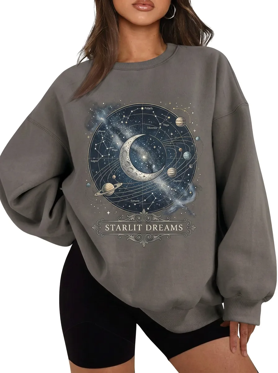 Women's Starlit Dreams Astronomy Moon Planets Printed T-shirt
