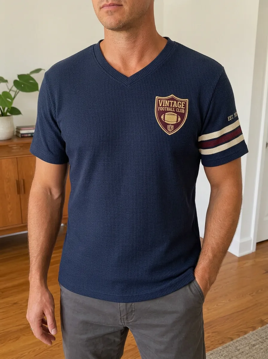 Men's Vintage Football Club Badge Printed Waffle Knit V-Neck Top