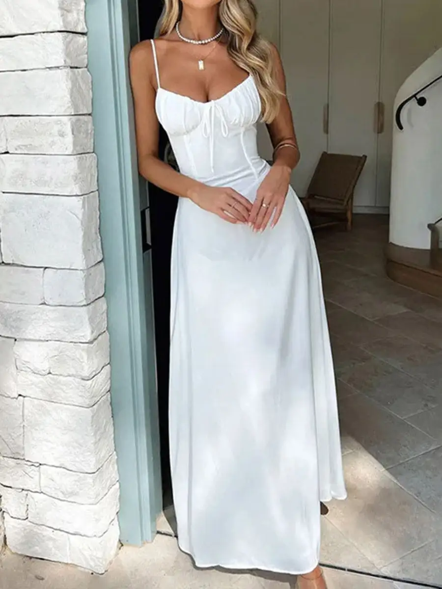 Drawstring Pleated Neck Maxi Dress