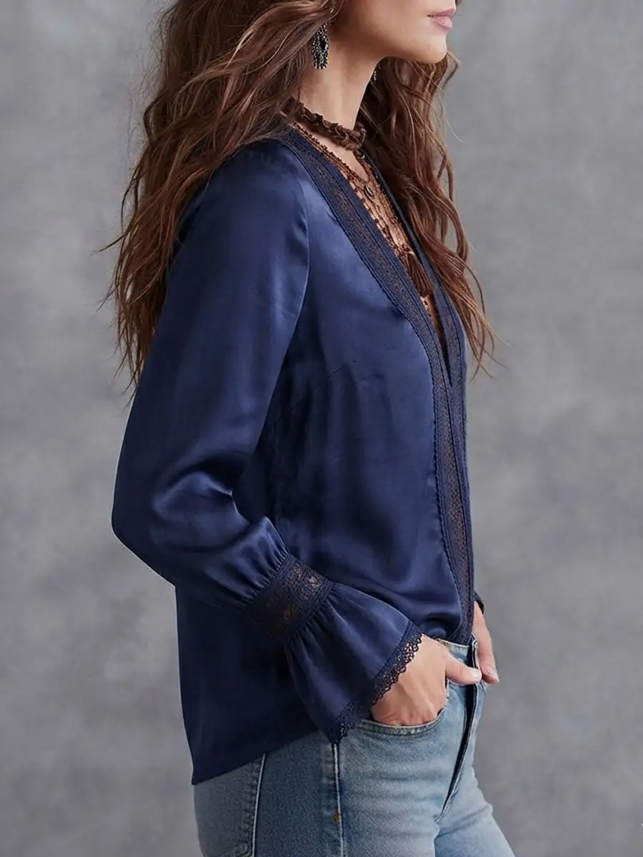 Boho Navy Satin Lace Trim Flare Long Sleeve Blouse