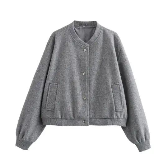 Quilted Wool Blend Snap Front Ribbed Trim Bomber Jacket