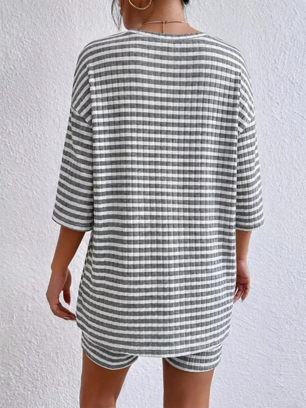 Striped Round Neck Top Shorts Set