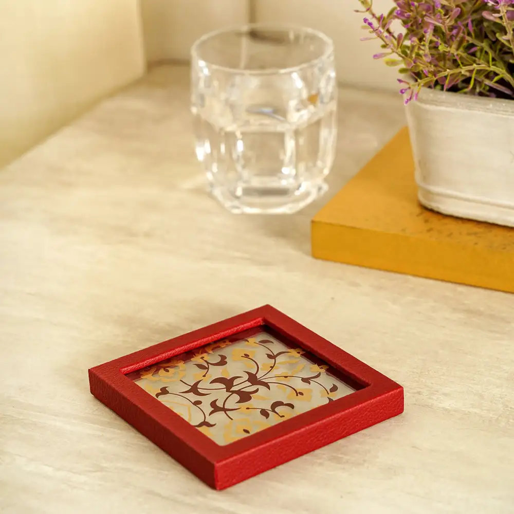 Crimson Faux Leather Coaster Set