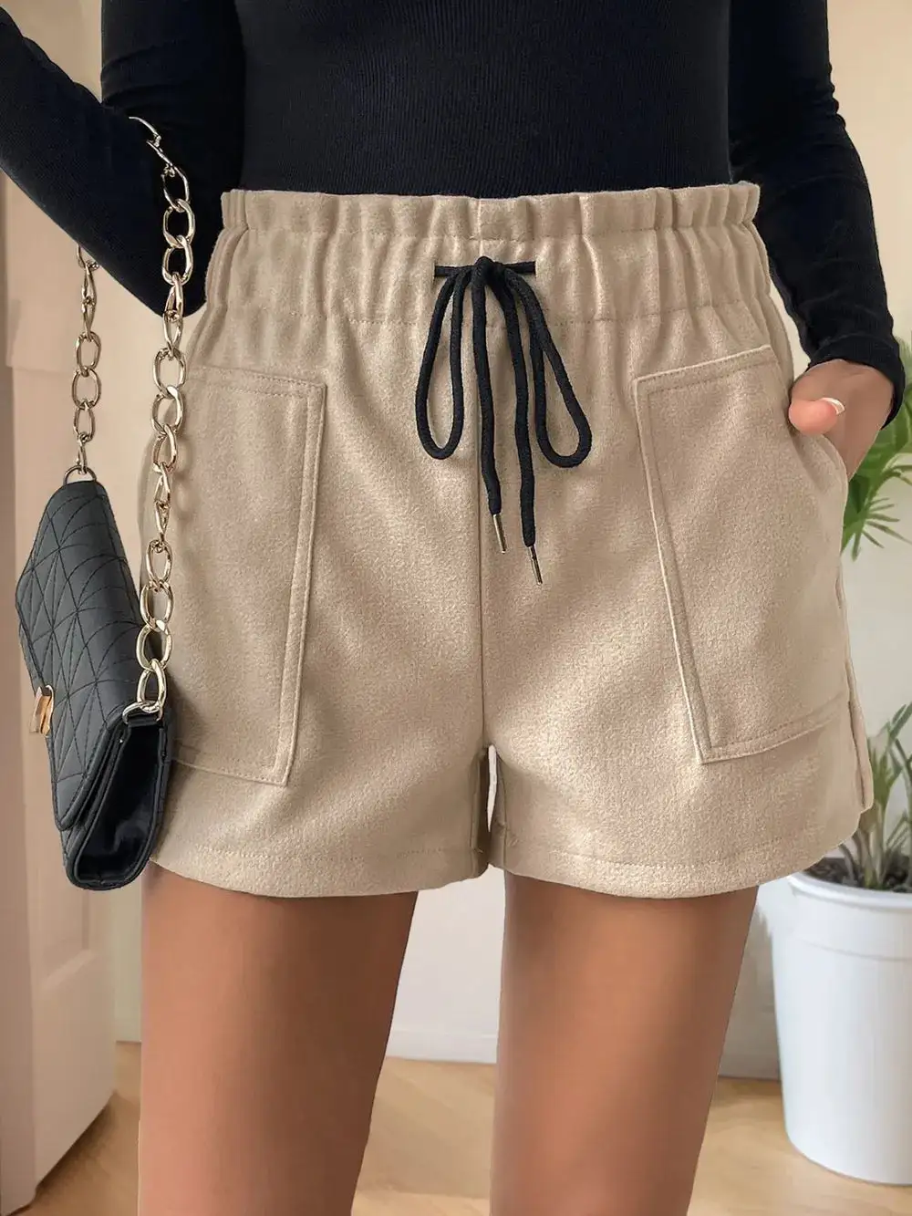 Polyester Frill Drawstring Shorts With Pockets