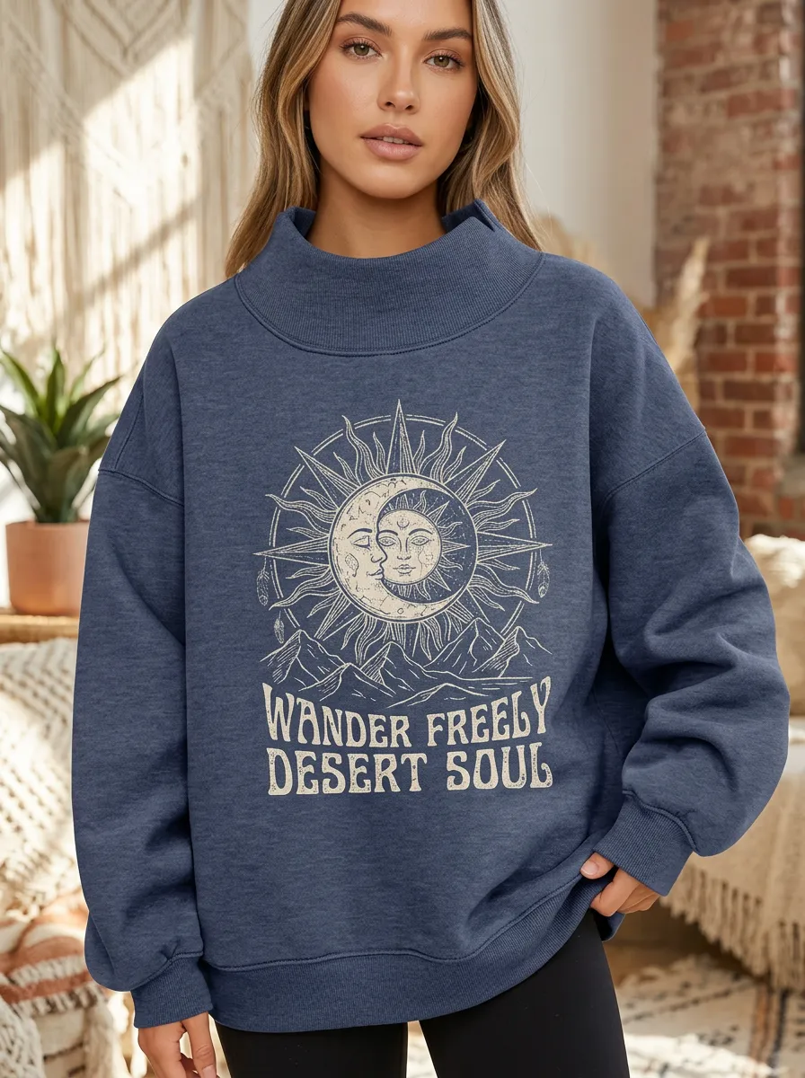 Celestial Sun Moon Desert Soul Mock Neck Sweatshirt