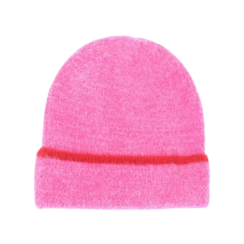 Soft Feather Yarn Striped Cuff Beanie