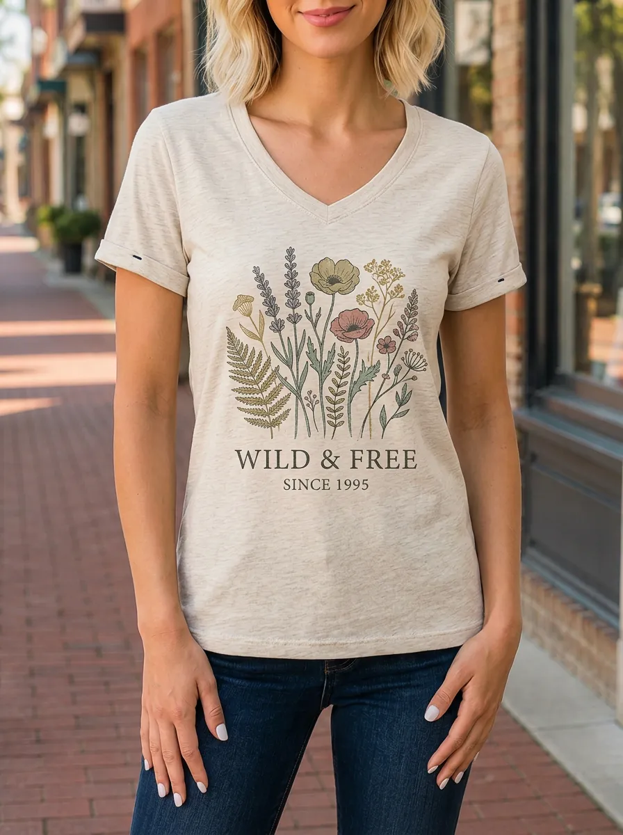 Women's Wild & Free Floral Botanical Printed V-neck T-shirt