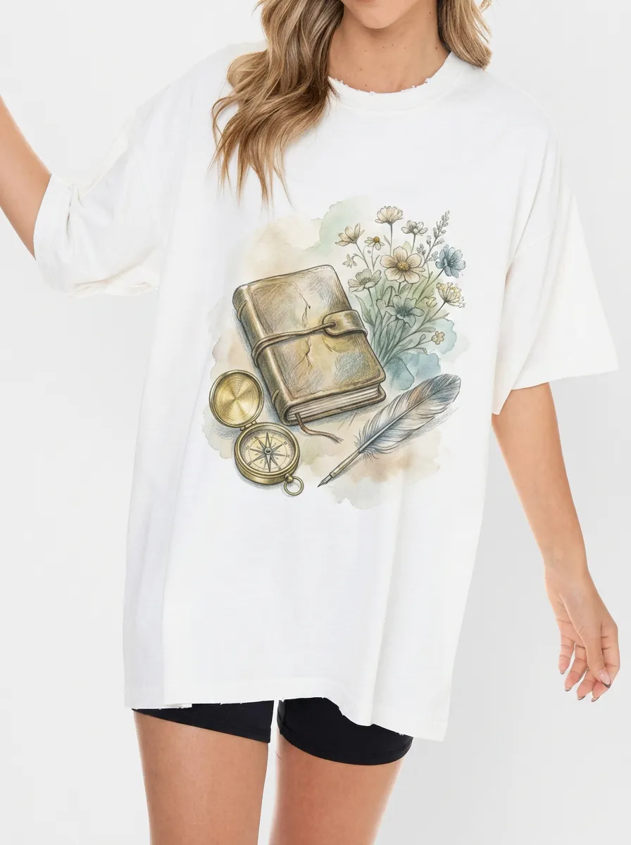 Women's Writer Traveler Journal Compass Flower Feather Printed T-shirt