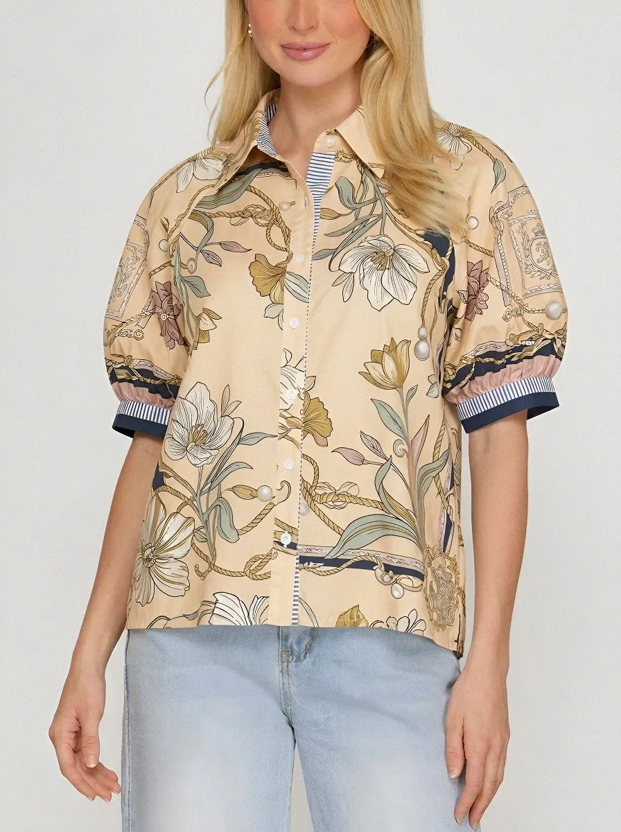 Women's Floral Rope Pattern Vintage Printed Button-up Shirt