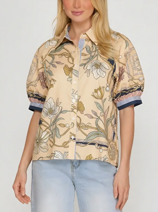 Women's Floral Rope Pattern Vintage Printed Button-up Shirt