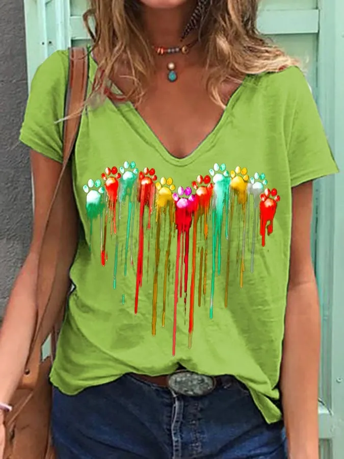 Women's Colorful Dog Paw Heart Print V-Neck T-Shirt
