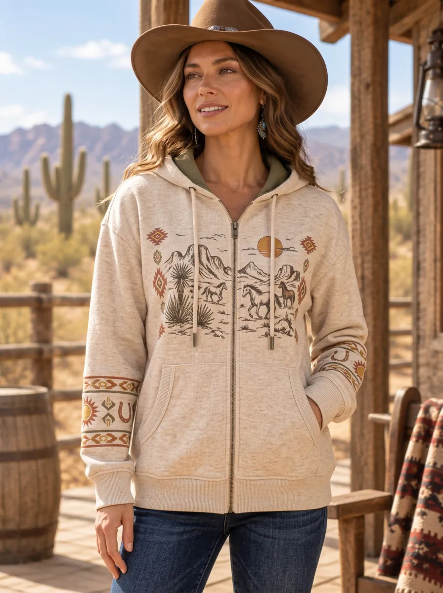 Women's Western Desert Horse Cactus Printed Zip-up Hoodie