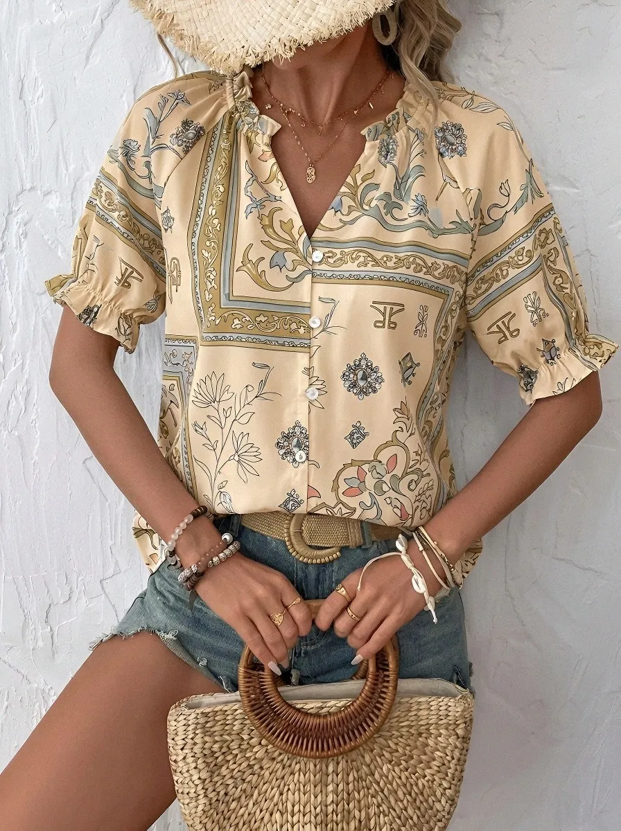 Women's Bohemian Floral Paisley Printed V-Neck Blouse