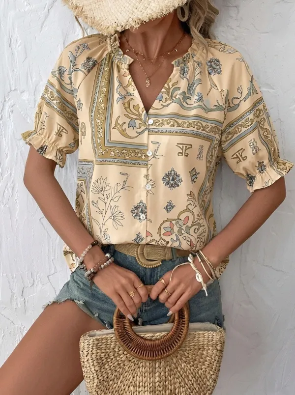 Women's Bohemian Floral Paisley Printed V-Neck Blouse