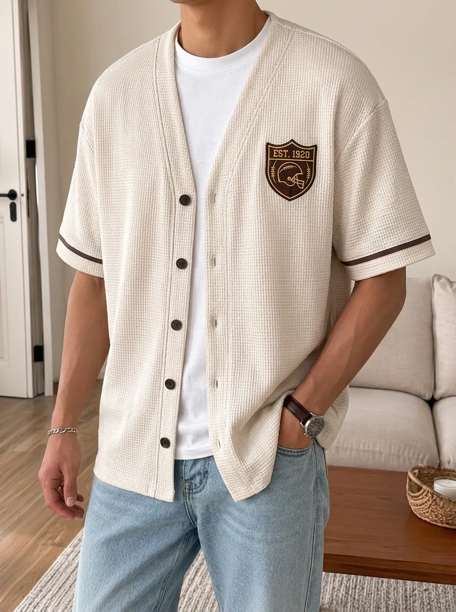 Men's American Football 1920 Helmet Shield Printed Waffle Cardigan Top