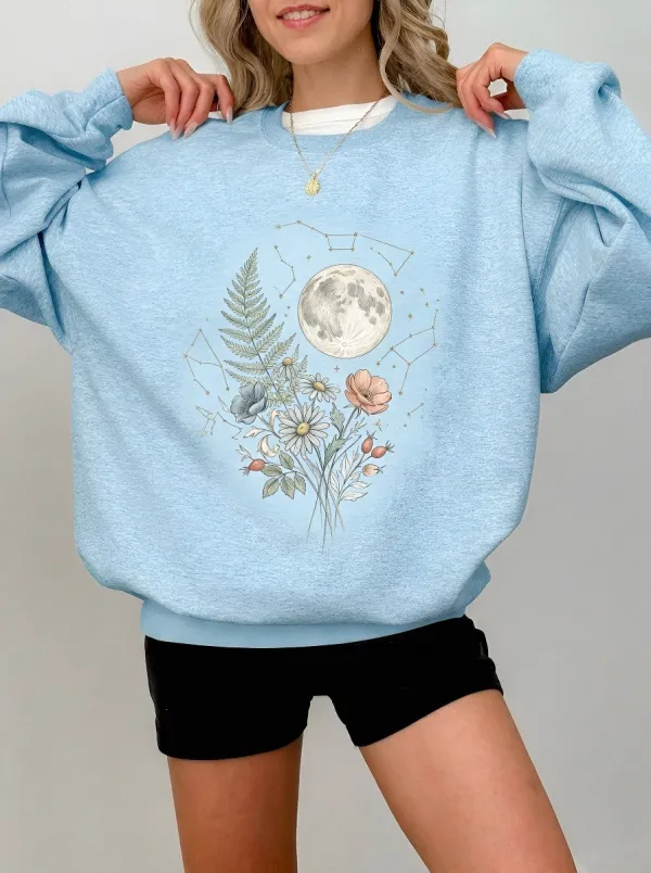 Women's Celestial Floral Moon Constellation Printed Sweatshirt