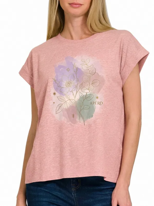Women's Apero Floral Watercolor Line Art Printed T-shirt