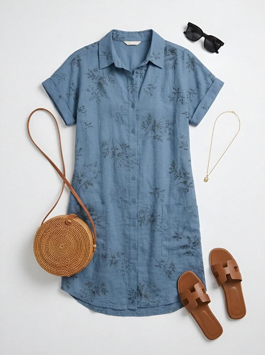Women's Summer Vacation Floral Botanical Printed Shirt Dress