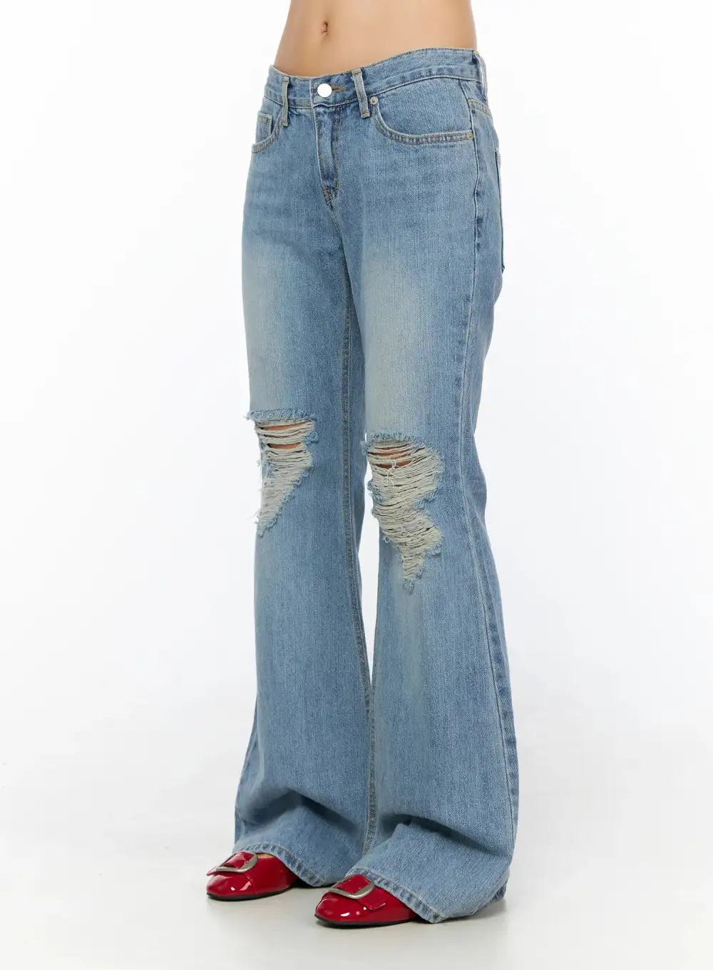 Low-Rise Distressed Flared Jeans