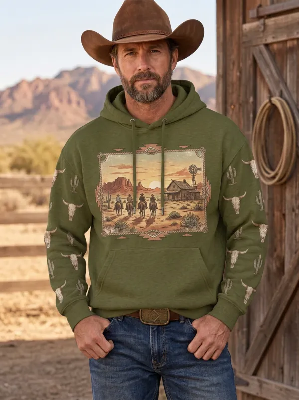 Men's Western Cowboy Sunset Sun Ranch Graphic Hoodie