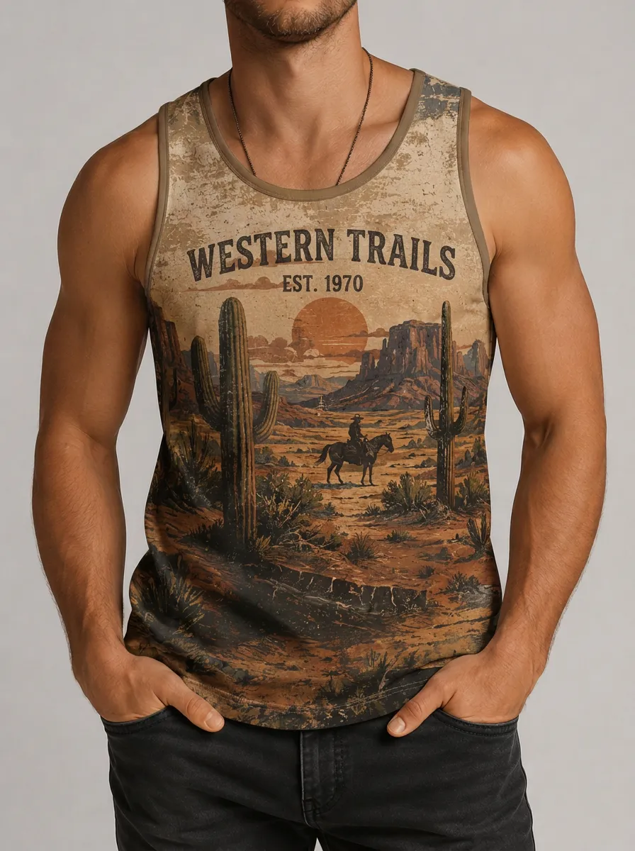 Men's Western Cowboy Cactus Desert Printed Tank Top