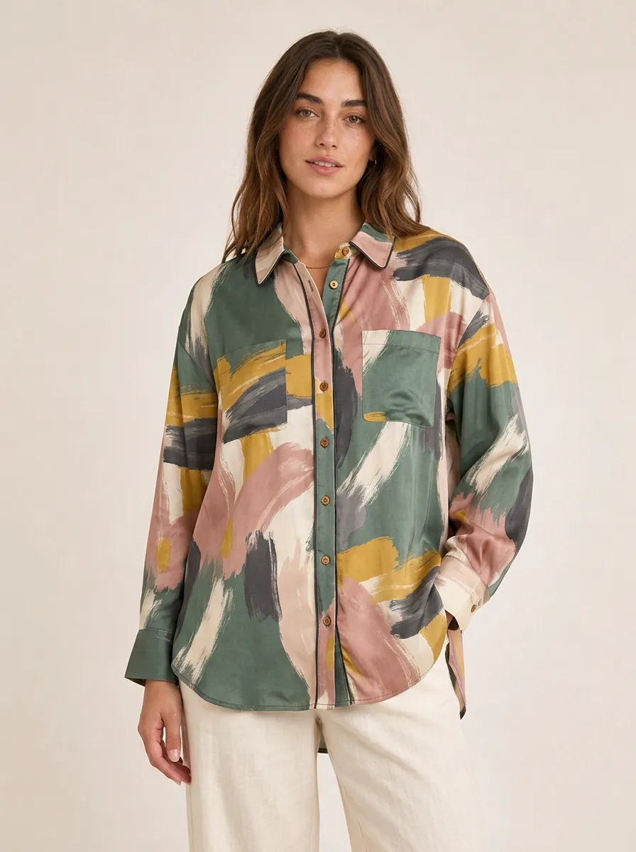 Women's Abstract Art Brushstroke Button-down Shirt