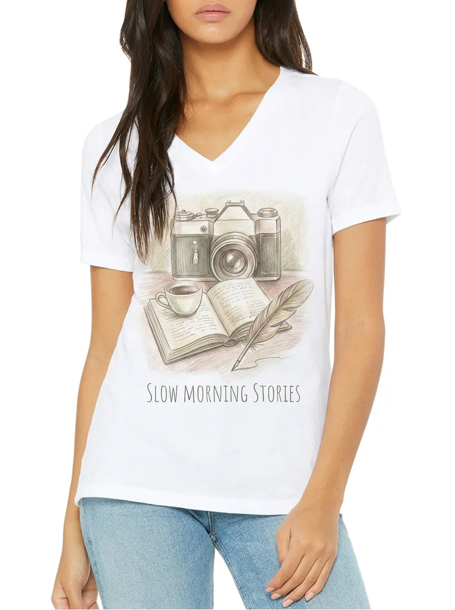 Women's Photography Writer Slow Morning Stories Printed V-neck T-shirt