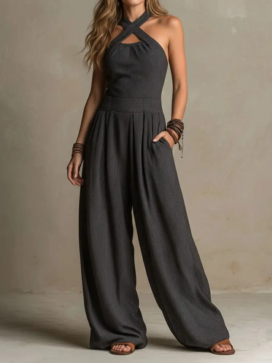 Boho Charcoal Crisscross Halter Pinstripe Wide-Leg Jumpsuit