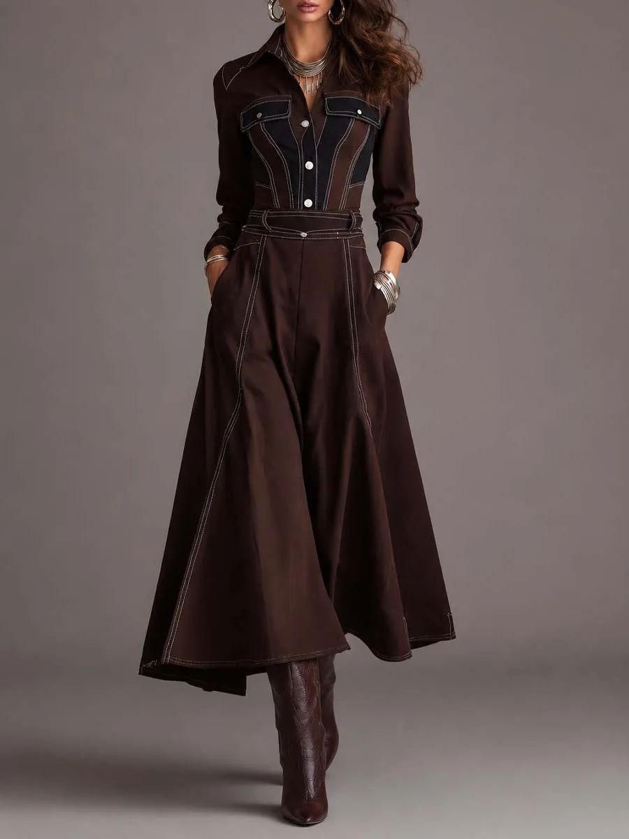 Vintage Western Shirt Collar Contrast Stitching Dark Brown Twill Midi Dress