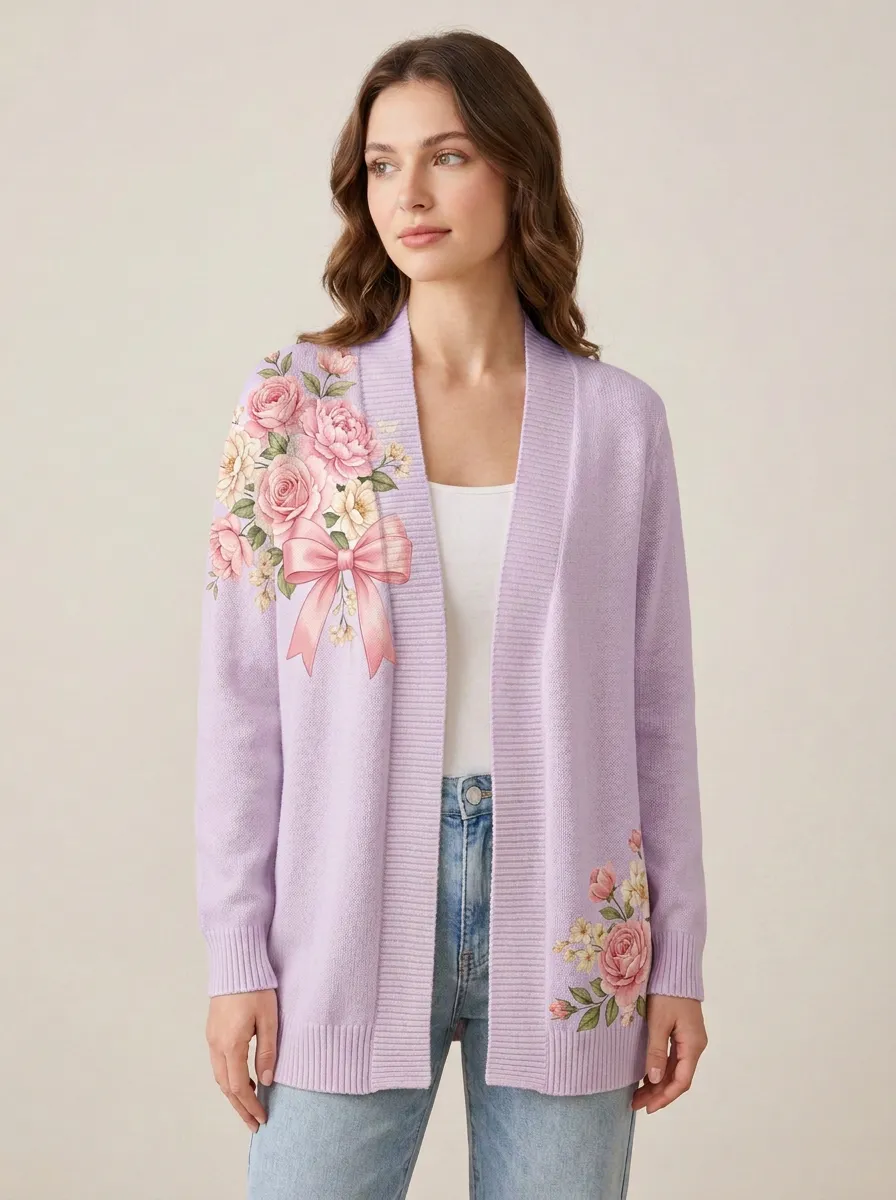 Women's Breast Cancer Awareness Pink Ribbon Floral Printed Cardigan