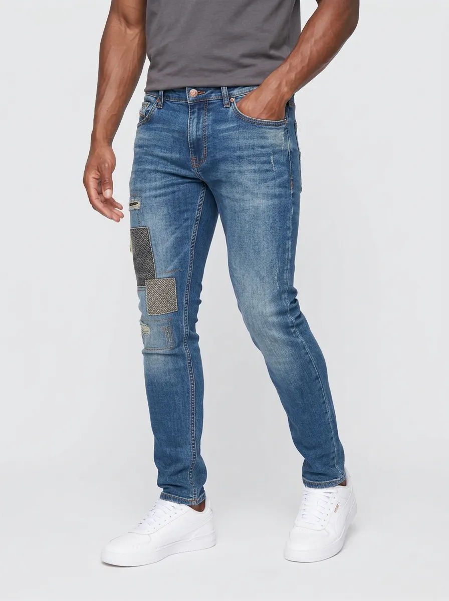 Men's Geometric Patchwork Distressed Graphic Slim-Fit Jeans