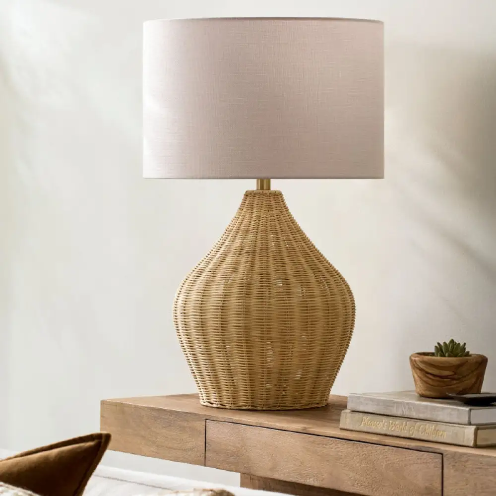 Painted Linen Shade Woven Iron Rattan Table Lamp