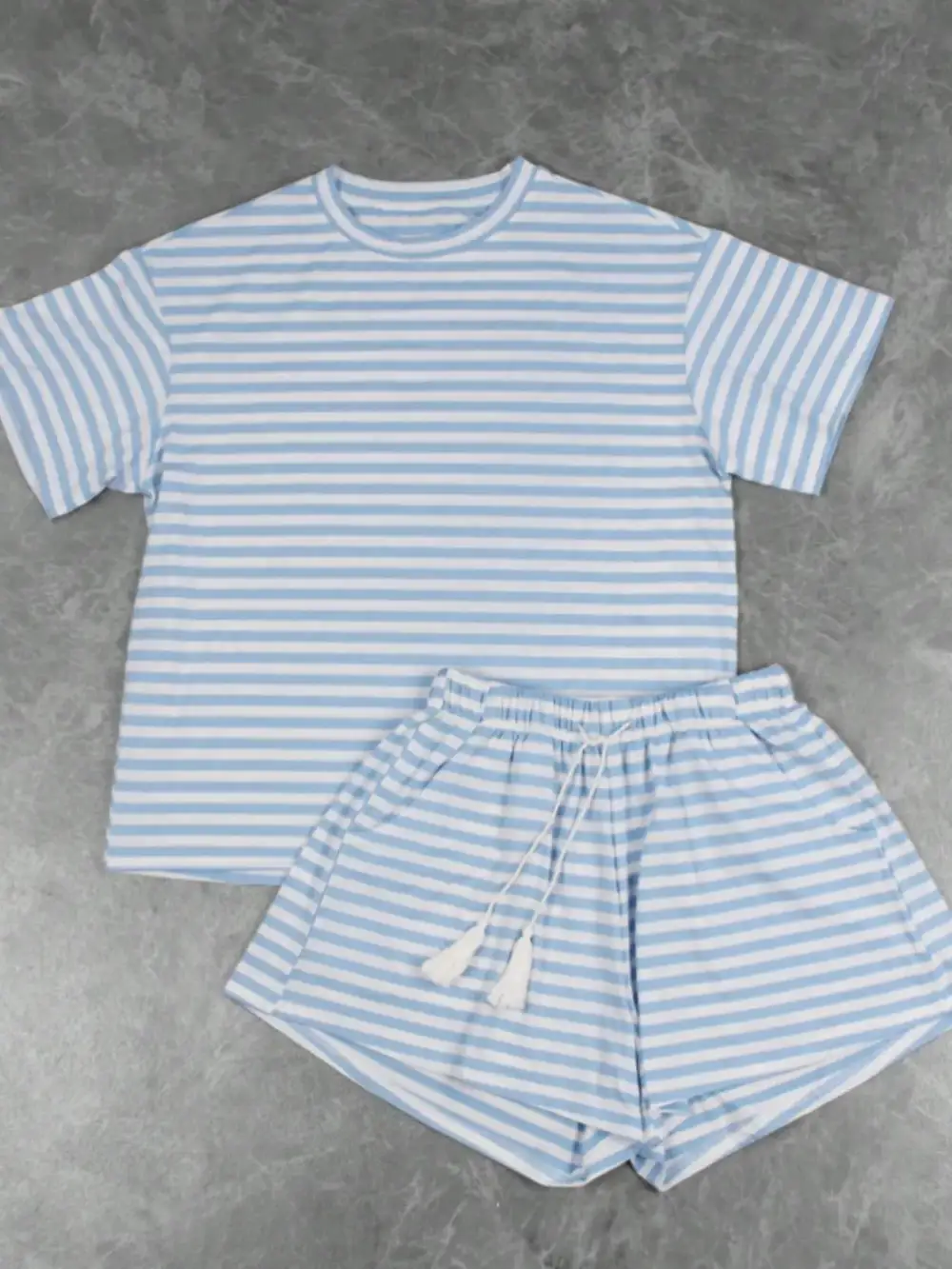 Striped Short Sleeve Tee Drawstring Shorts Set