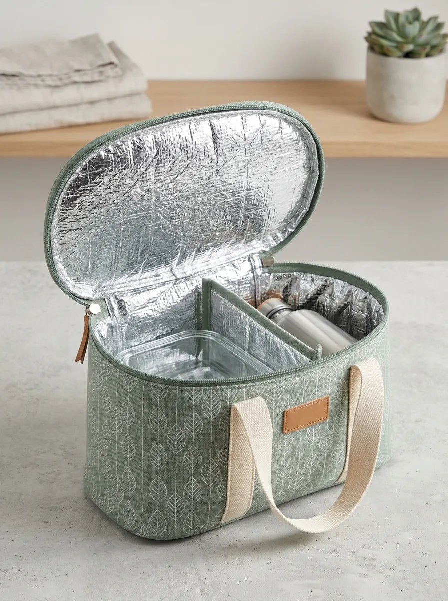 Picnic Lover Green Leaf Pattern Printed Insulated Lunch Bag