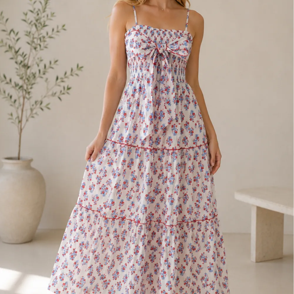 Classic Floral Smocked Tiered Square Neck Dress