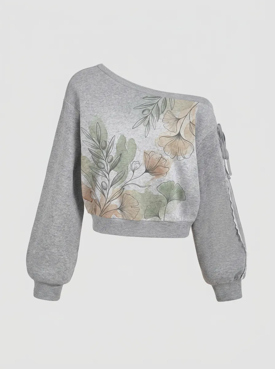 Women's Botanical Nature Lover Ginkgo Olive Leaf Printed Off-Shoulder Sweatshirt