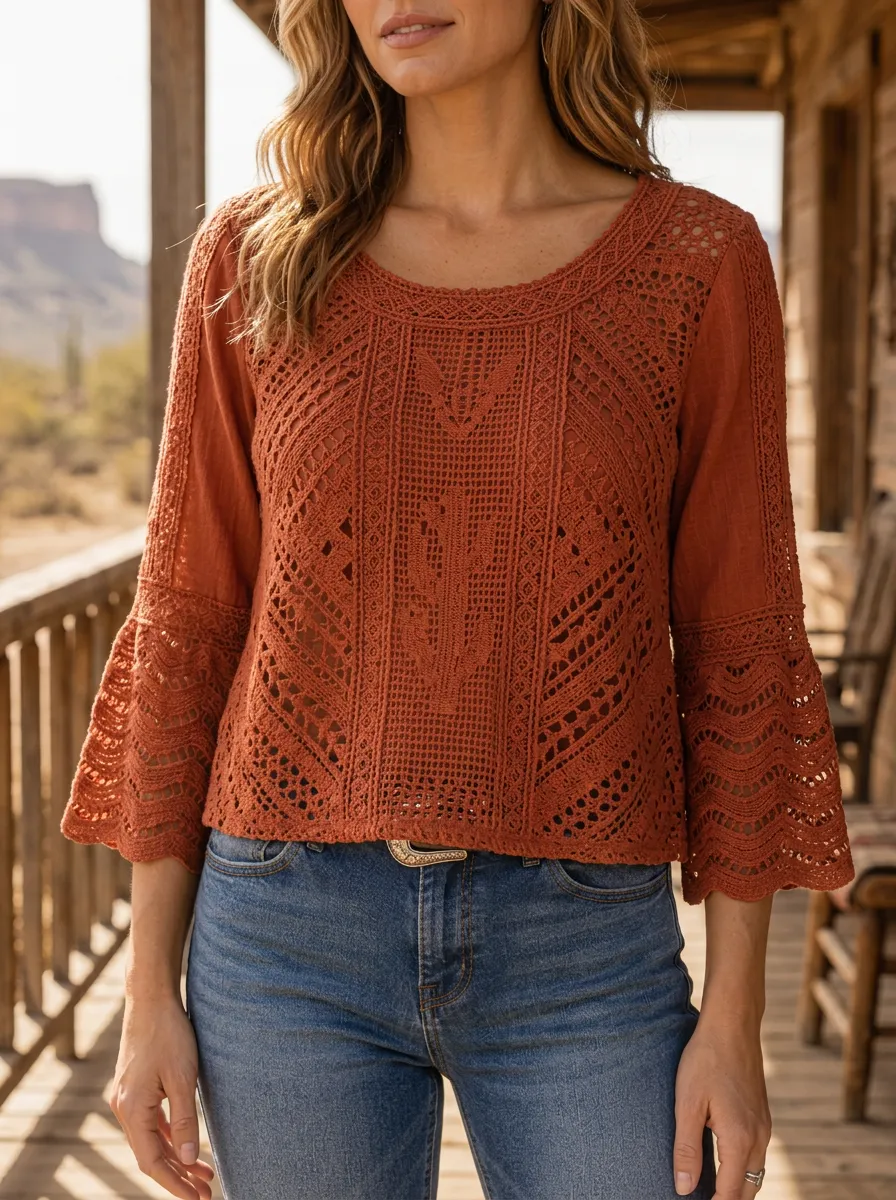 Women's Western Cactus Pattern Crochet Hollow-out Top