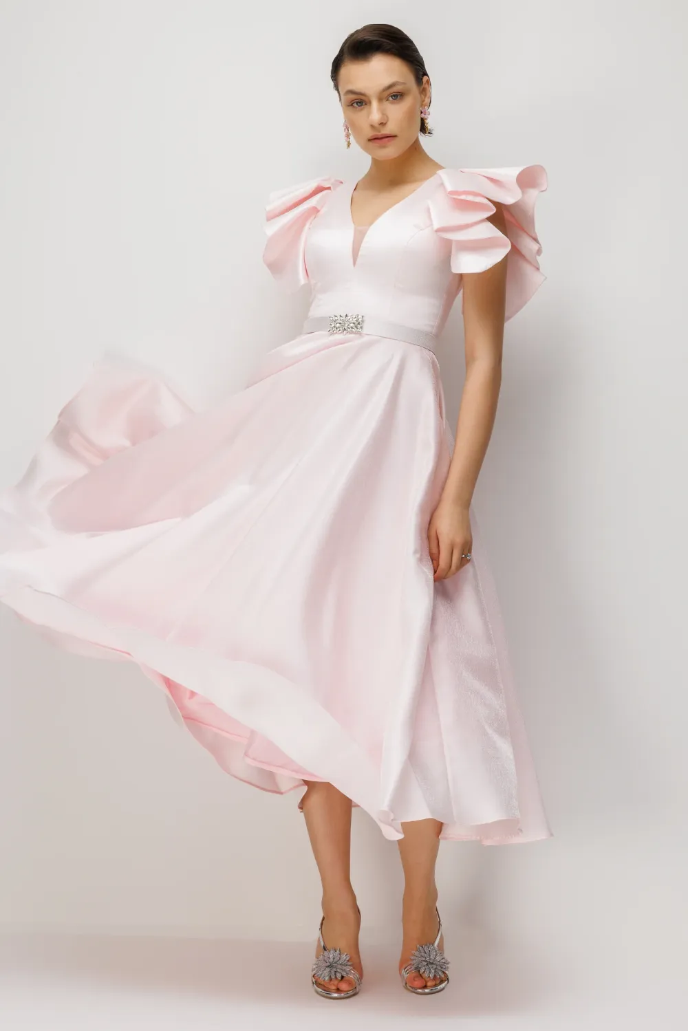 Seren V-Neck Waist Cinched A-Line Midi Dress