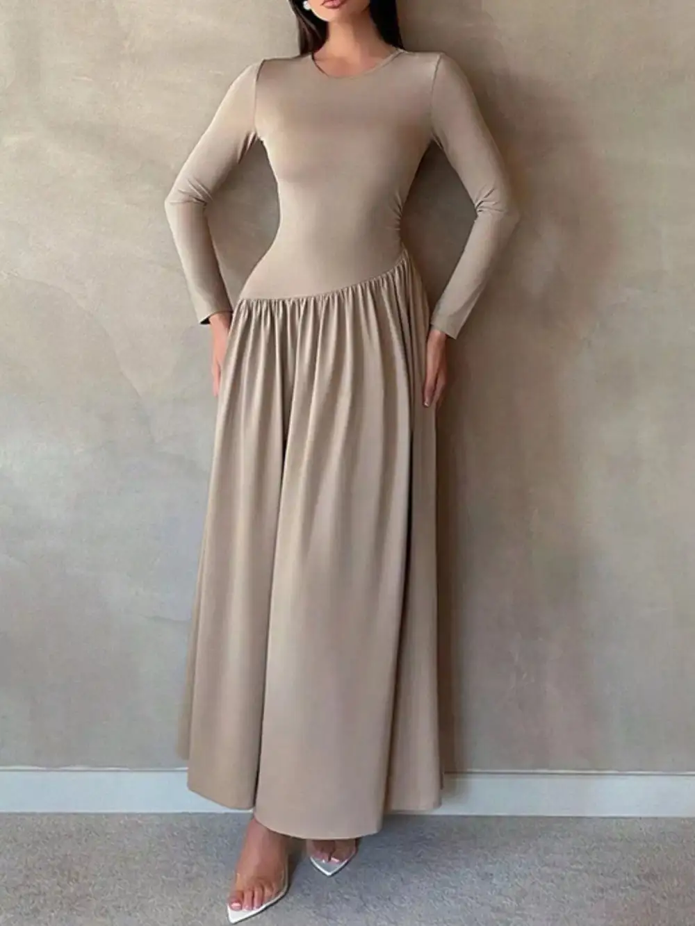 Long Sleeve Ruched A Line Maxi Dress