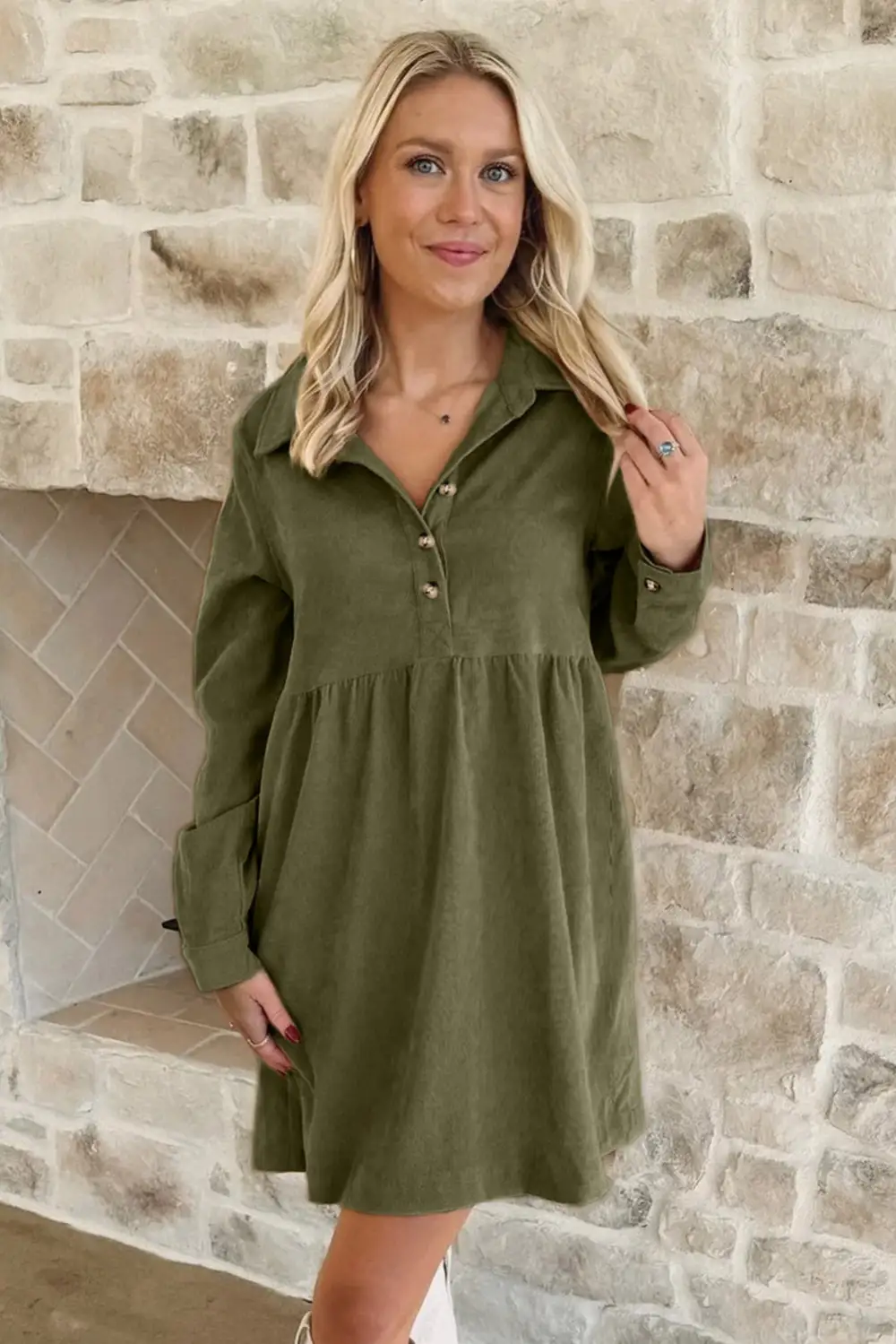 Vineyard Corduroy Half Button Collared Long Sleeve Mini Dress