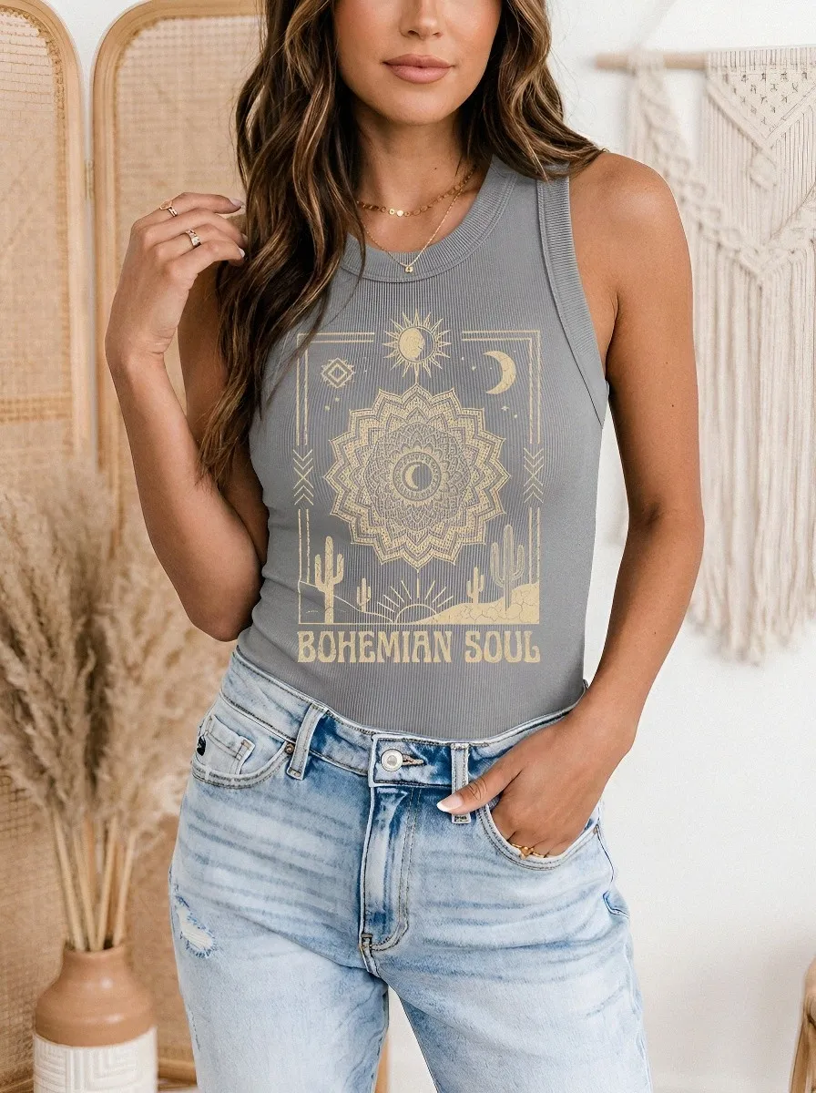 Women's Bohemian Soul Mandala Cactus Printed Ribbed Tank Top