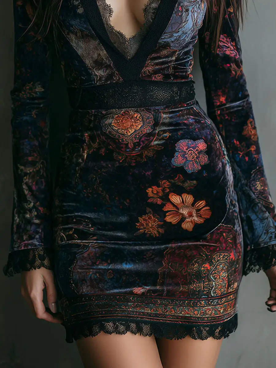 Boho Floral Print V-Neck Velvet Bodycon Mini Dress With Lace Trim