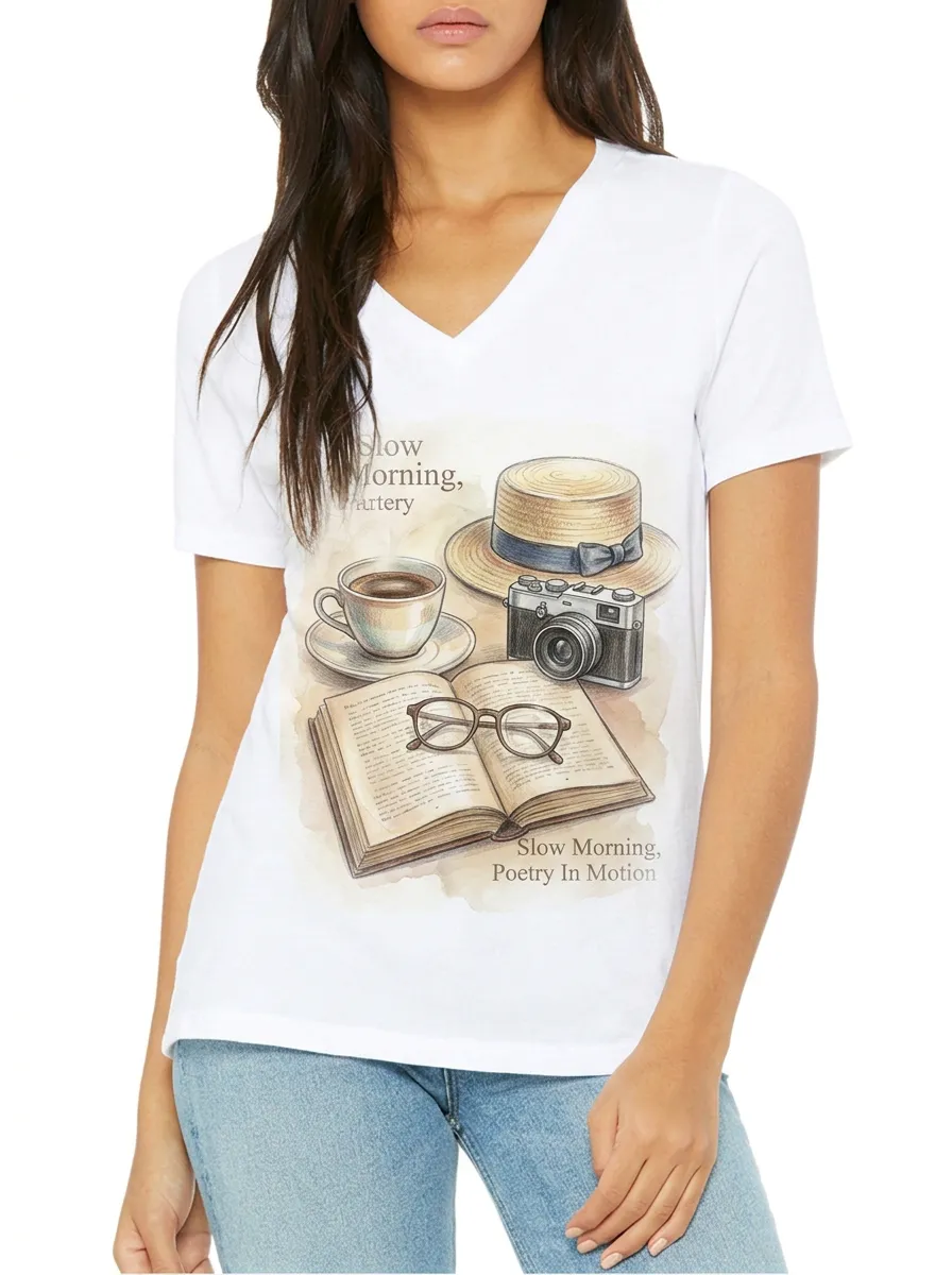 Women's Book Lover Coffee Camera Hat Printed V-neck T-shirt