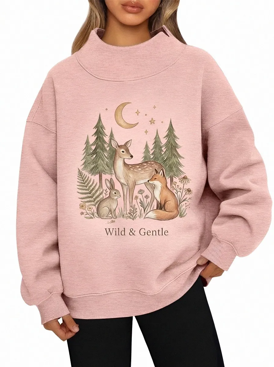 Women's Nature Lover Forest Animal Deer Fox Rabbit Printed Sweatshirt