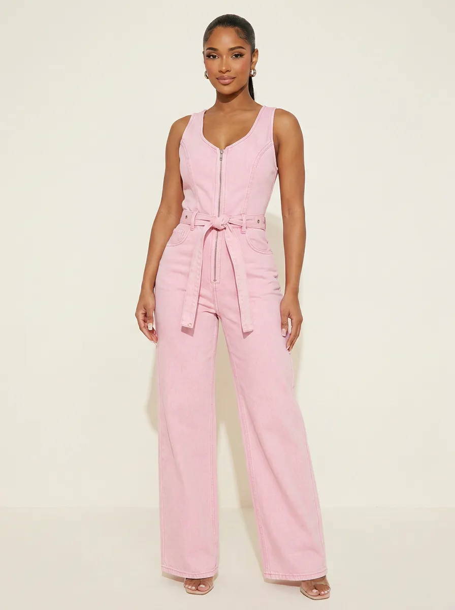 Pink Romantic Sleeveless Zip-Front Denim Jumpsuit